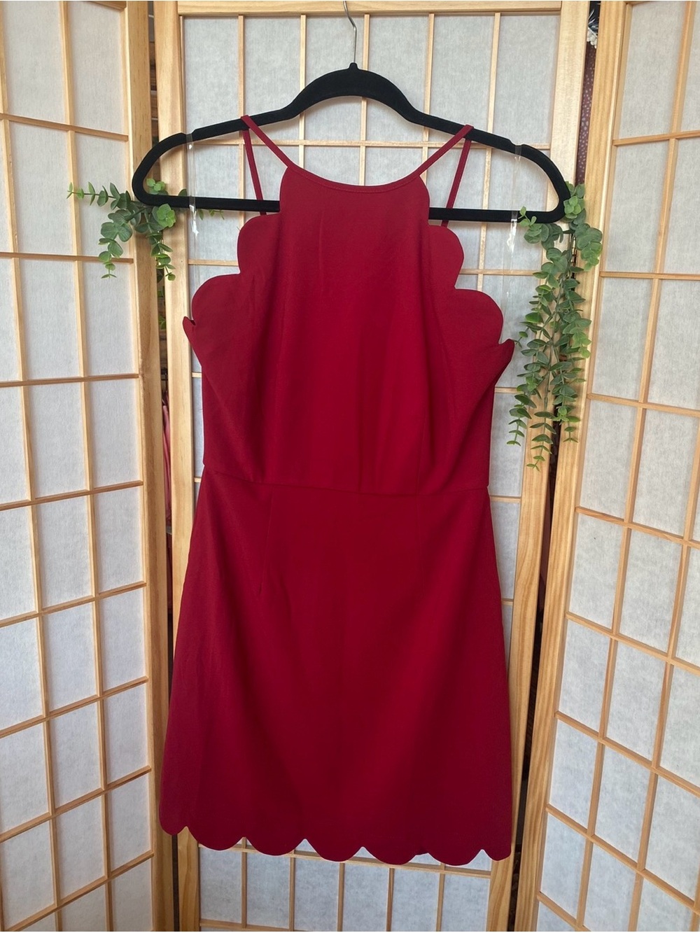 entro Red Scalloped Mini Dress with Spaghetti Straps